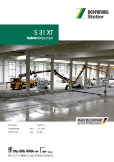 Die S 31 XT von SCHWING

Maximal flexibel:

Industriehallen, Tunnel und Baustellen mit schwierigen Einbausituationen sind das Revier der S 31 XT -
aber nicht nur. Denn dank des teleskopierbaren ersten Mastelements, der großen Mastöffnungswinkel
und der ZR-Faltung lässt sich die S 31 XT so flexibel einsetzen wie keine andere Maschine in dieser
Klasse. Kombiniert wird das einzigartige Mastsystem mit den bekannten Vorteilen der SCHWING-Autobetonpumpen:
hohe Kraftstoffeffizienz, kraftvolle Pumpenbatterie, niedrige Servicekosten und exzellenter
Werterhalt. Die S 31 XT von SCHWING: die effiziente Lösung für anspruchsvolle Pumpaufgaben.